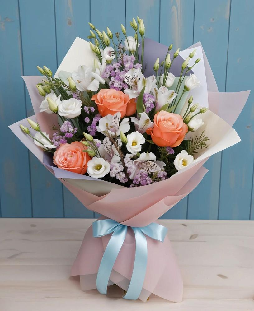 Букет цветов из: Лизиантусы, Розы, Альстромерии и Гипсофила в Суздали